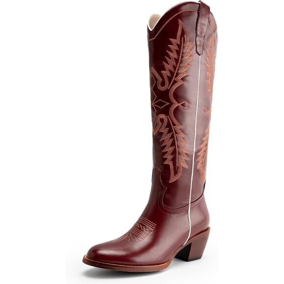 Women's Red Embroidered Cowgirl Boots Mid Calf Chunky Heel Stitching Zipper - Picture 1 of 6